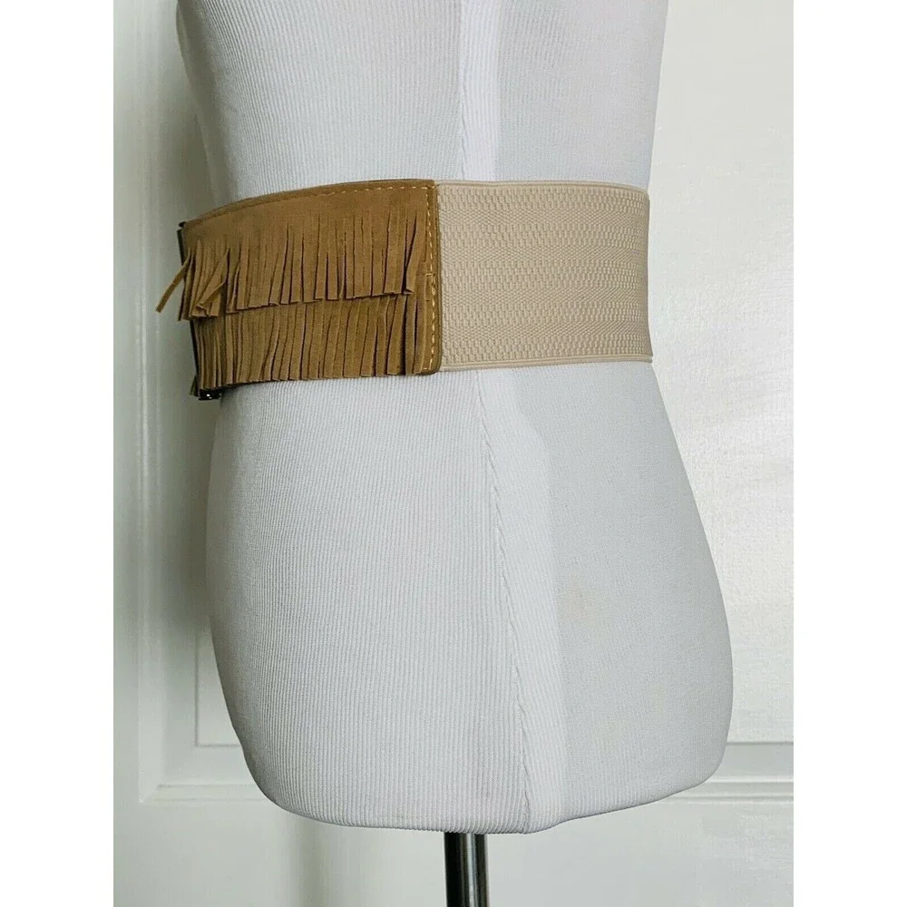 Stretch Elastic Waist Wide Belt Cummerbund Tan Faux Suede Fringe Boho M